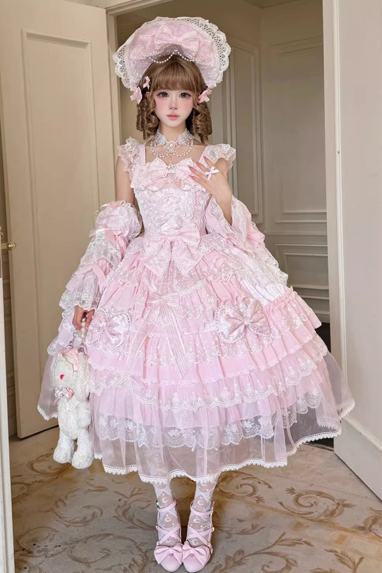 Pink [Prelude of Spring] Sleeveless Multi-Layered Ruffled Bow Lace Sweet Princess Lolita Jsk Dress - Product - 10