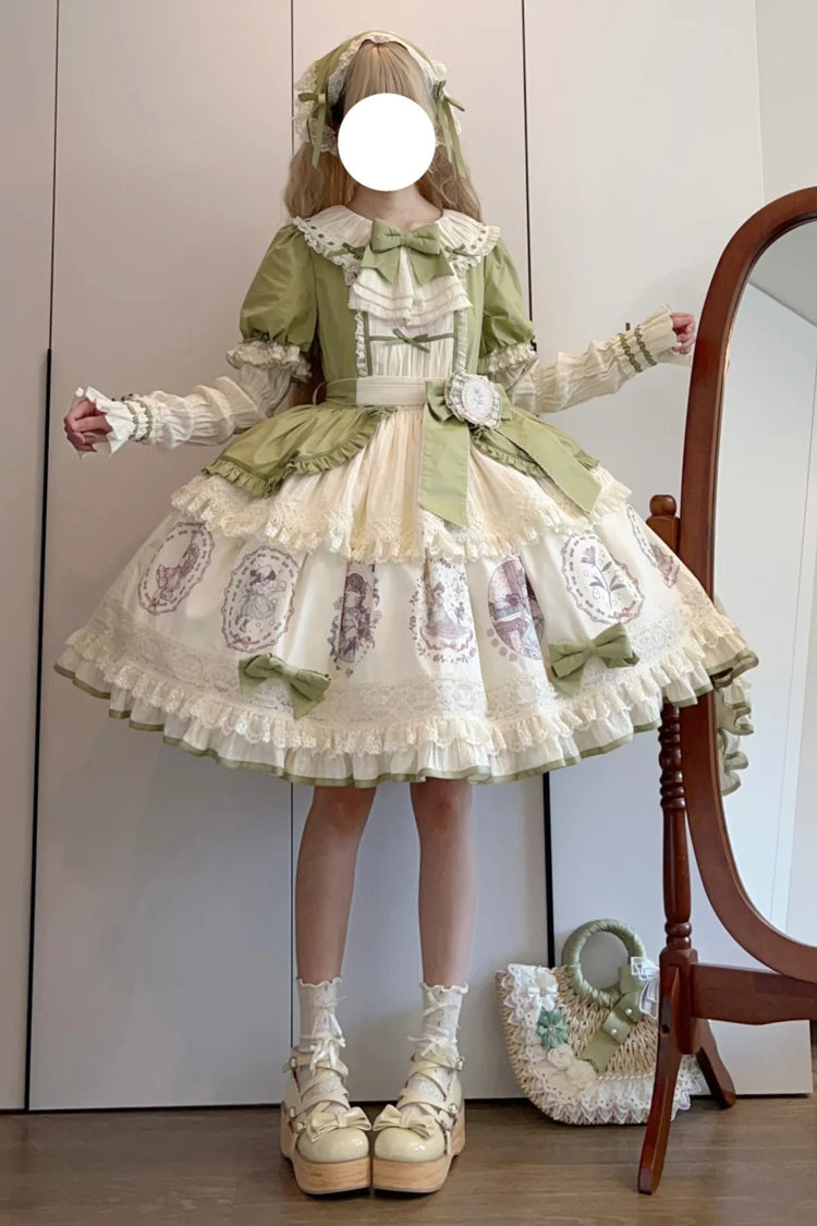 Green [Little Ida's Flowers] Short Sleeves Print Ruffle Bowknot Sweet Lolita Dress - Product - 9