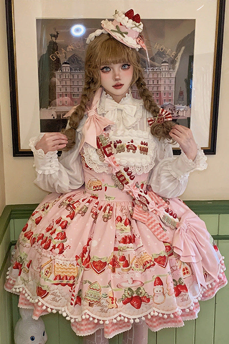Mint Strawberry Dessert Print Natural Waisted Ruffle Bowknot Sweet Lolita JSK Dress 4 Colors - Pink - 1