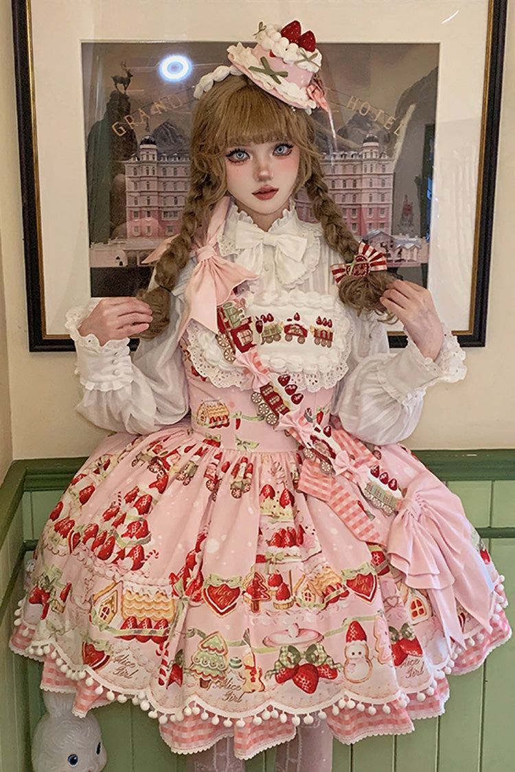 Mint Strawberry Dessert Print Natural Waisted Ruffle Bowknot Sweet Lolita JSK Dress 4 Colors - Pink - 1