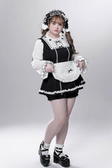 Black/White [Showcase Doll] Japanese Maid-Style Long Sleeves Ruffle Bowknot Jirai Kei Japanese Dress Shorts Set with Detachable Apron - Product - 12
