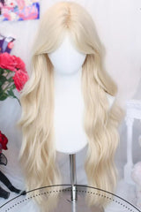 Beige Blonde Long Curly Sweet Lolita Wig Middle Part Curtain Bangs - Product - 2