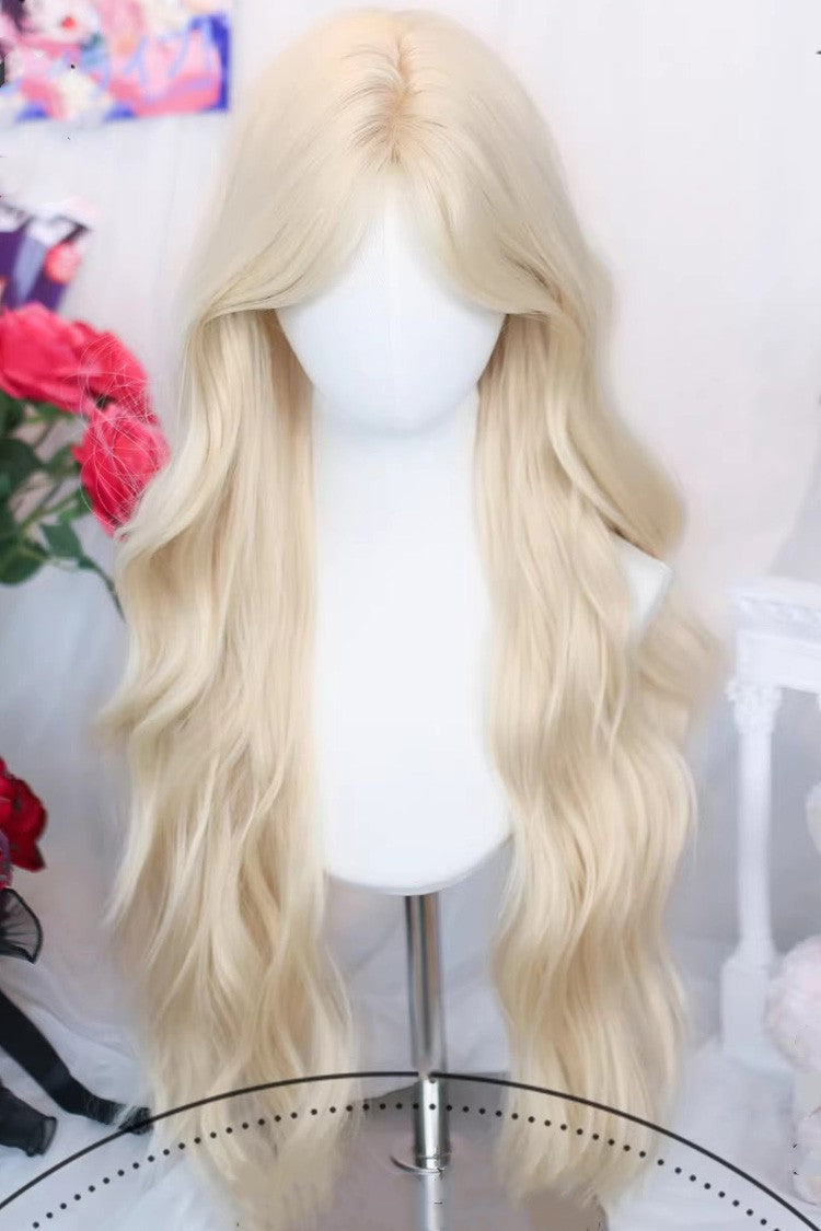 Beige Blonde Long Curly Sweet Lolita Wig Middle Part Curtain Bangs - Product - 2