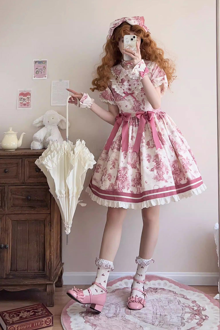 Rose Red [Grape Moon Almanac] Short Sleeves Multi-Layered Printed Ruffled Bow Sweet Lolita Dress - Product - 6