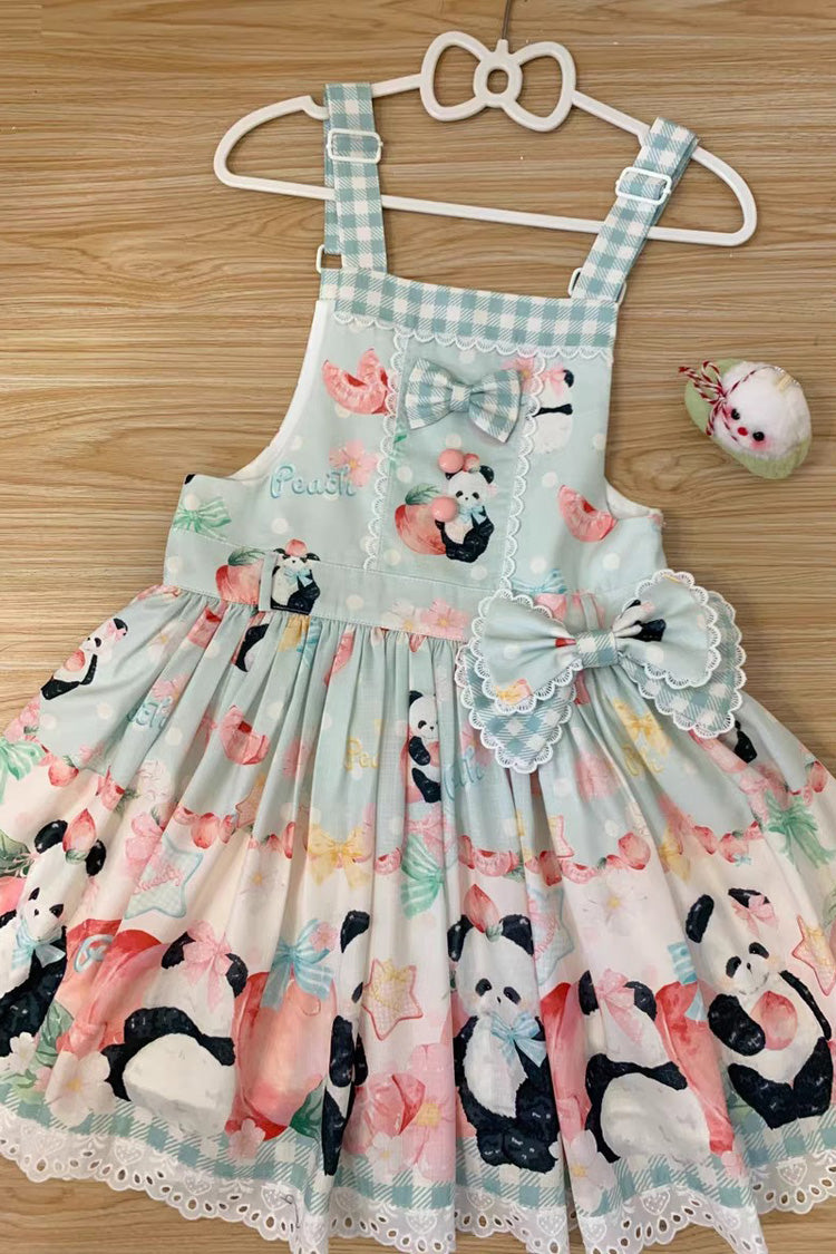 Panda Peach Print Bowknot Sweet Lolita Strap Dress 3 Colors - Green - 15