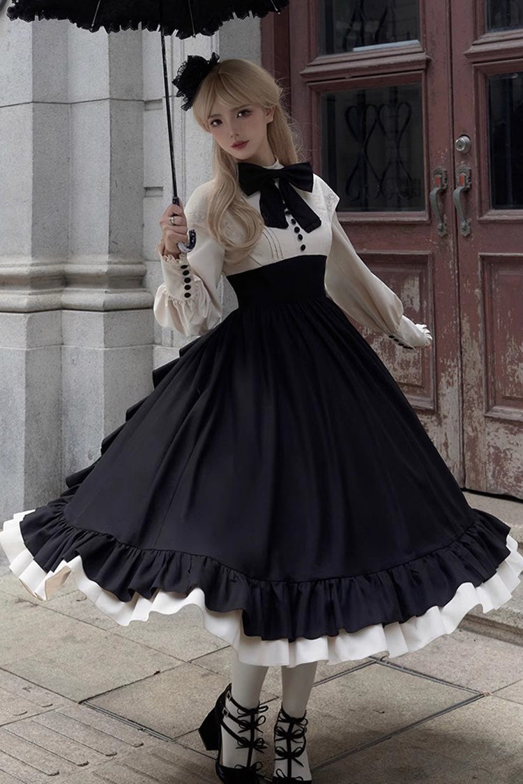Rose Embroidery Long Sleeves Ruffle Bowknot Fake Two Pieces Elegant Lolita Dress 2 Colors - Product - 3