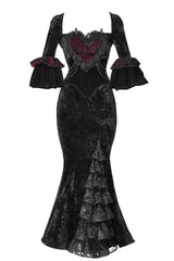 Black [Castle of Dark Romance] Square Collar Short Sleeves Multi-Layered Ruffled Embroidered Open-Front Lace Gothic Lolita Mermaid Dress - Product - 3