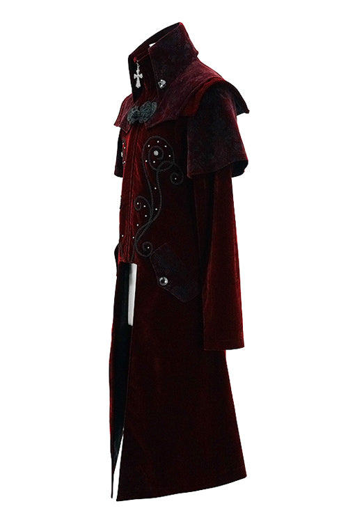 Red Gothic Stand Collar Velveteen Mens Coat - Product - 5