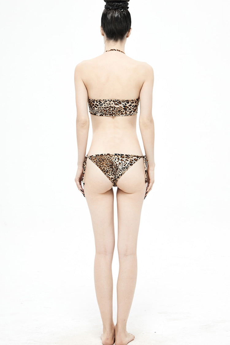 Brown Lace-Up Leopard Print Sides Women's Punk Swimsuit Suit - Product - 6
