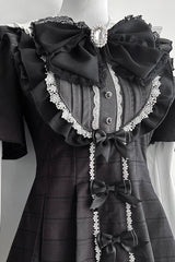 [Black Veil Pact] Short Sleeves Printed Ruffled Bow Gothic Jirai Kei Japanese Dress Shorts Set 2 Colors - Product - 4