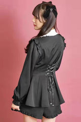 Black Long Sleeves Kuromi Embroidery Bowknot Jirai Kei Japanese Dress Shorts Set - Product - 2