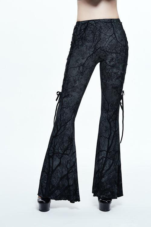 Black Mysterious Forest Gothic Branch Printing Bellbottom Womens Pants - Product - 4
