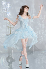 Blue [Summer of Bubbles] Sleeveless Ruffle Embroidery Lace Irregular Train Sweet Lolita Jsk Dress - Product - 9