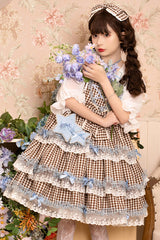 Brown Plaid Print Lace Layered Ruffled High Waist Sweet Lolita JSK Dress - Product - 4