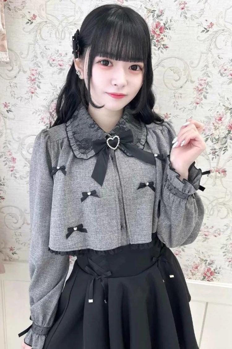 Grey Lapel Collar Long Sleeves Bowknot Sweet Japanese Jirai Kei Blouse Coat - Grey - 1