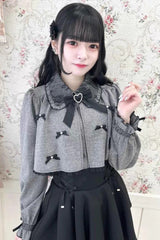 Grey Lapel Collar Long Sleeves Bowknot Sweet Japanese Jirai Kei Blouse Coat - Grey - 1