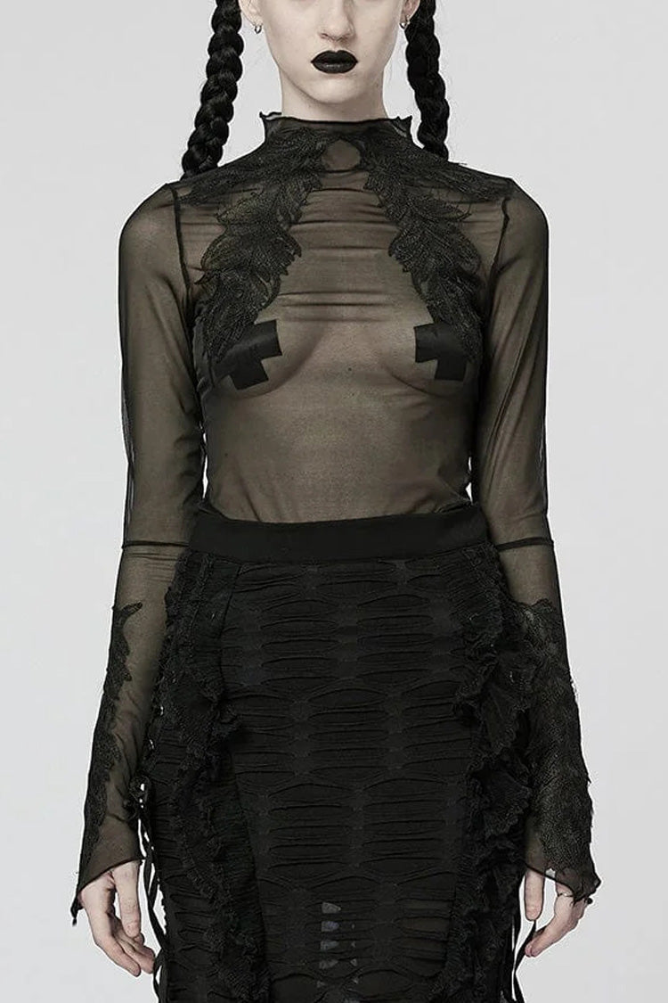 Black Mid High Collar Long Sleeves Slim Mesh Womens Gothic Blouse - Black - 1