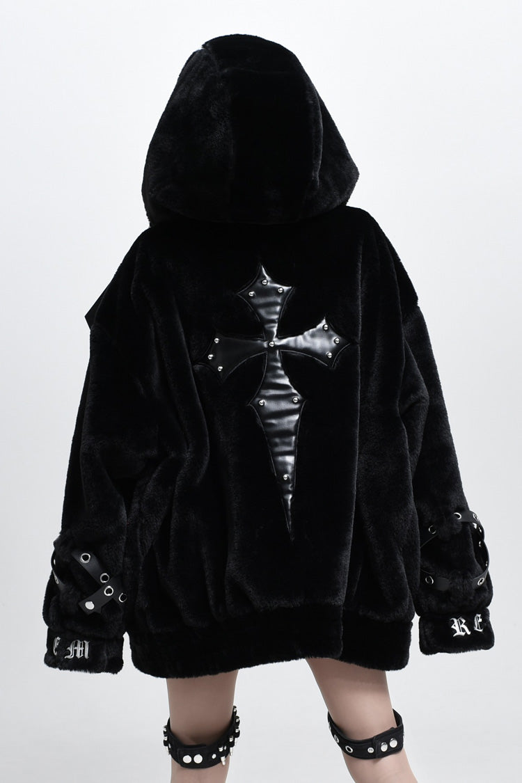 Jirai Kei Long Sleeves Hooded Zipper Punk Japanese Coat With Cross Leather Buckles 2 Colors - Product - 6