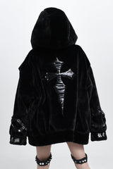 Jirai Kei Long Sleeves Hooded Zipper Punk Japanese Coat With Cross Leather Buckles 2 Colors - Product - 6