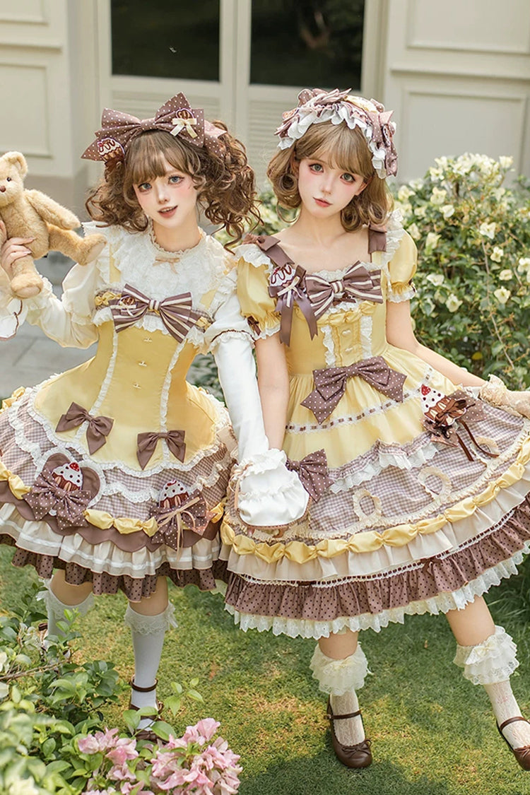 Yellow/Brown [Polka Dot Cake] Multi-Layered Printed Ruffled Bow Sweet Lolita JSK Dress - Product - 7