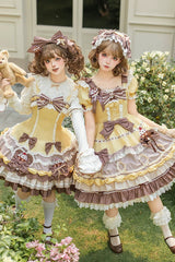 Yellow/Brown [Polka Dot Cake] Multi-Layered Printed Ruffled Bow Sweet Lolita JSK Dress - Product - 7