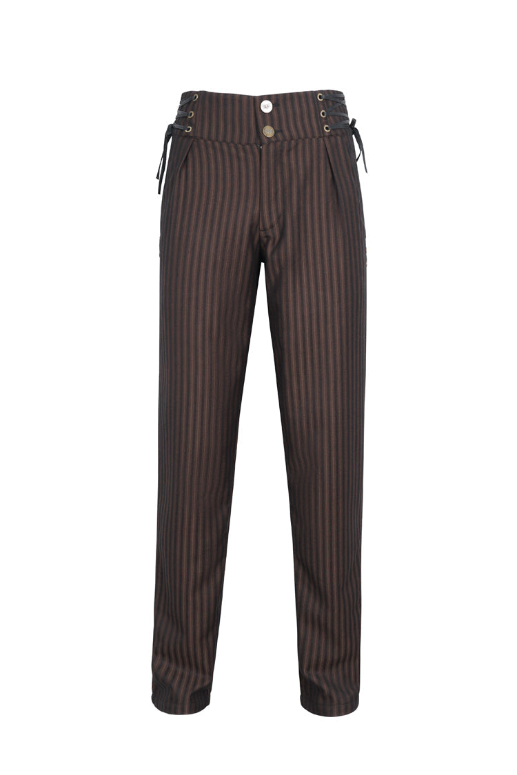 Brown High Waisted Lace-Up Striped Men's Gothic Pants - Product - 5
