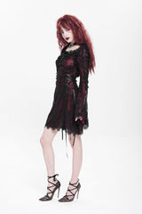 Red Square Collar Long Sleeves Floral Embroidery Lace Lace-Up Women's Gothic Dress - Product - 6
