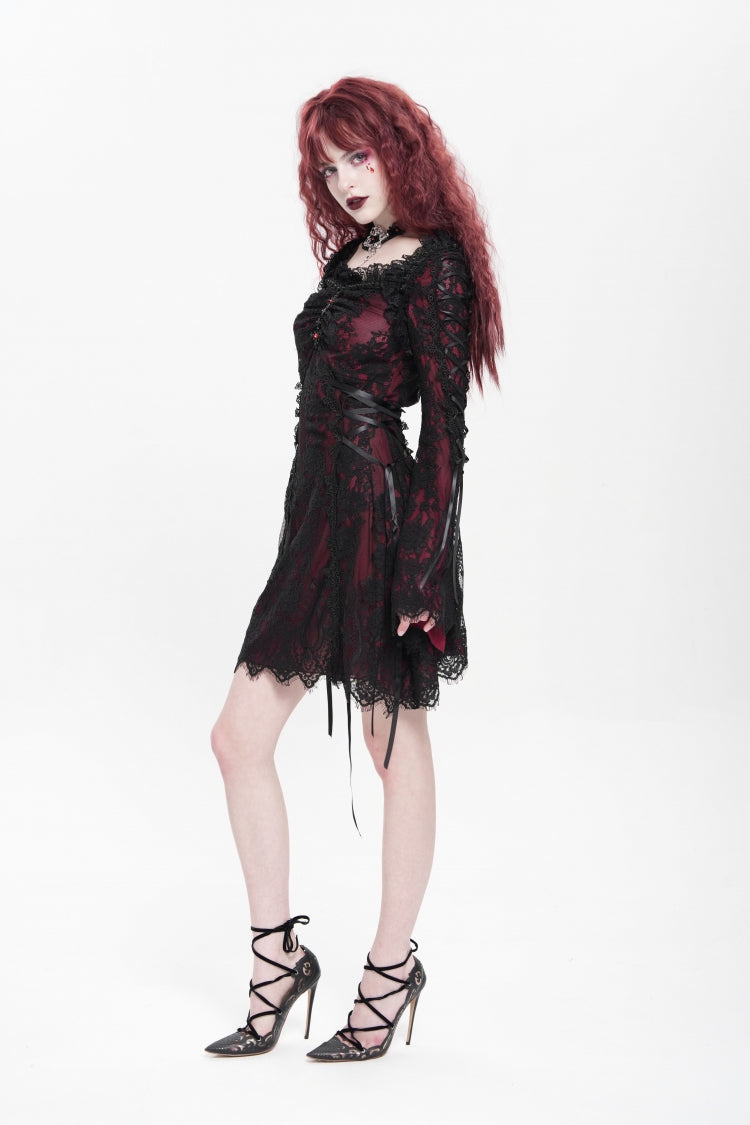 Red Square Collar Long Sleeves Floral Embroidery Lace Lace-Up Women's Gothic Dress - Product - 6