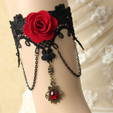 Black Retro Fashion Female Gothic Lolita Lace Red Rose Ruby Bracelet - Black - 1