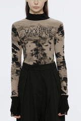 High Collar Long Sleeves Font Embroidery Slim Women's Punk T-Shirt 2 Colors - Black/Brown - 1