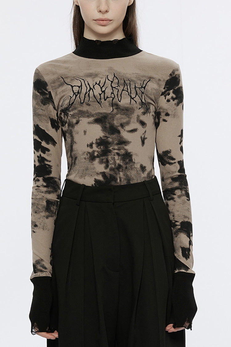 High Collar Long Sleeves Font Embroidery Slim Women's Punk T-Shirt 2 Colors - Black/Brown - 1