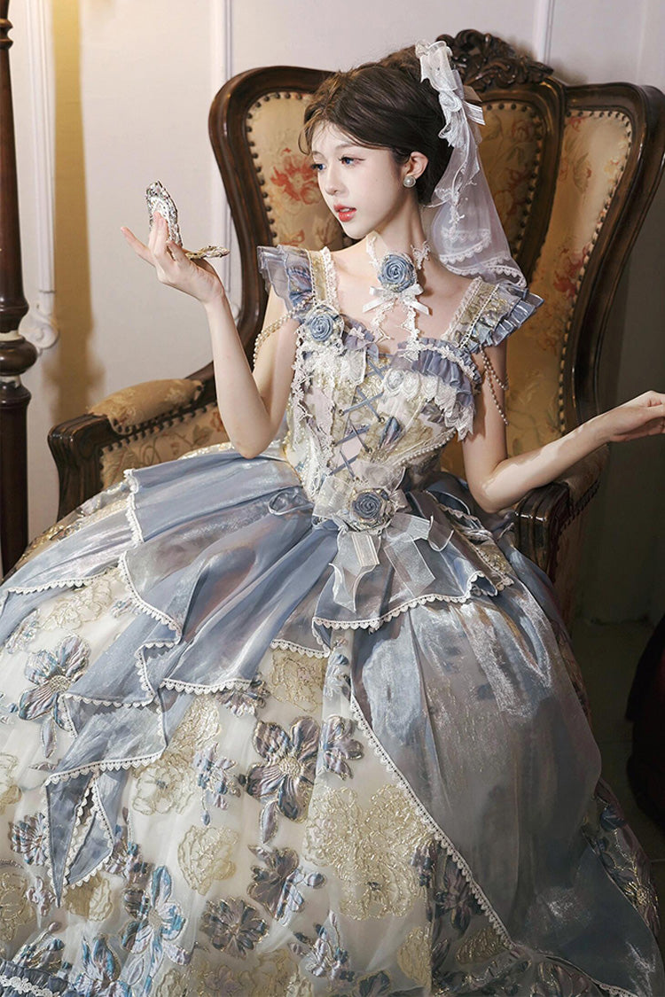 Blaues, schulterfreies Jacaranda-Kleid mit kurzen Ärmeln, bedruckt, mit Rüschen, bestickter Schleife, Schnürung, süße, elegante Prinzessin (Kleid einzeln), Detailansicht 4