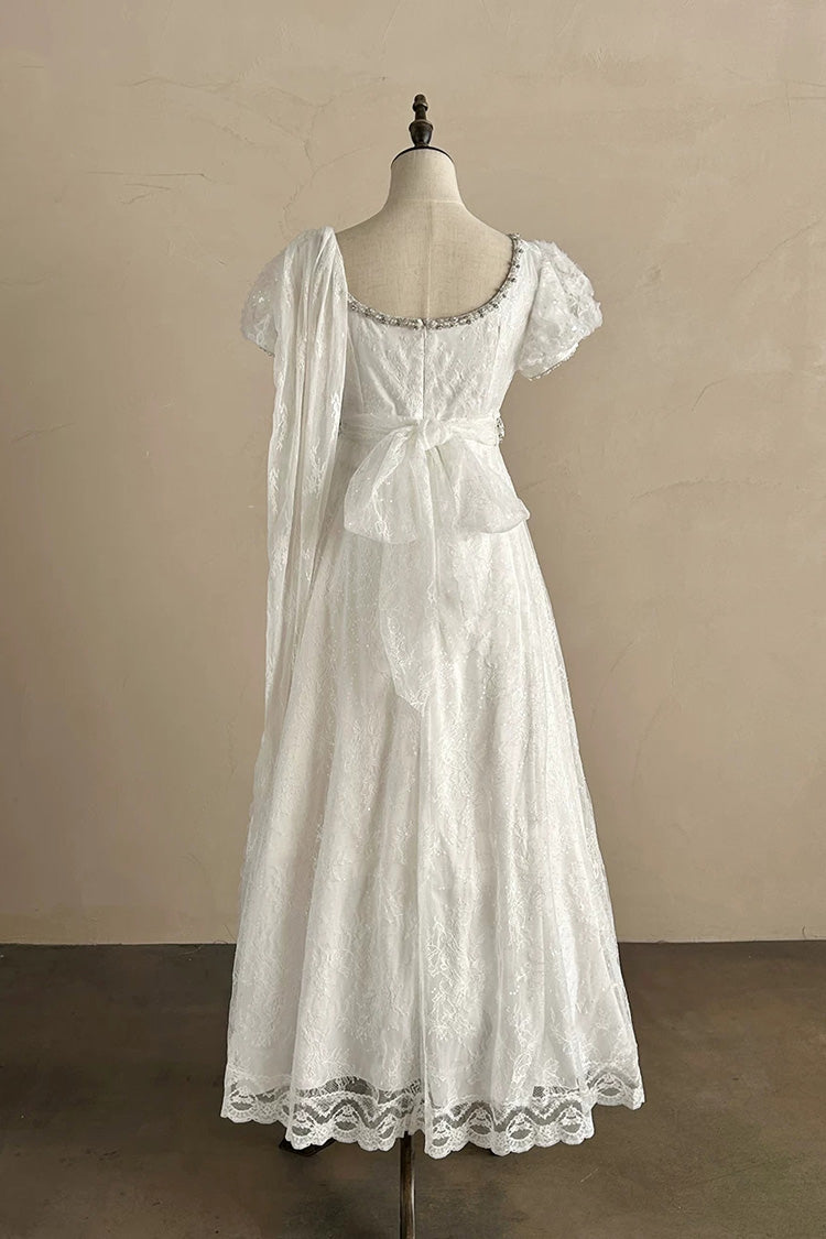 White Square Collar Short Sleeves Jacquard Wedding Style Lace Pearl Detail Vintage Elegant Luxurious Lolita Dress - Product - 12