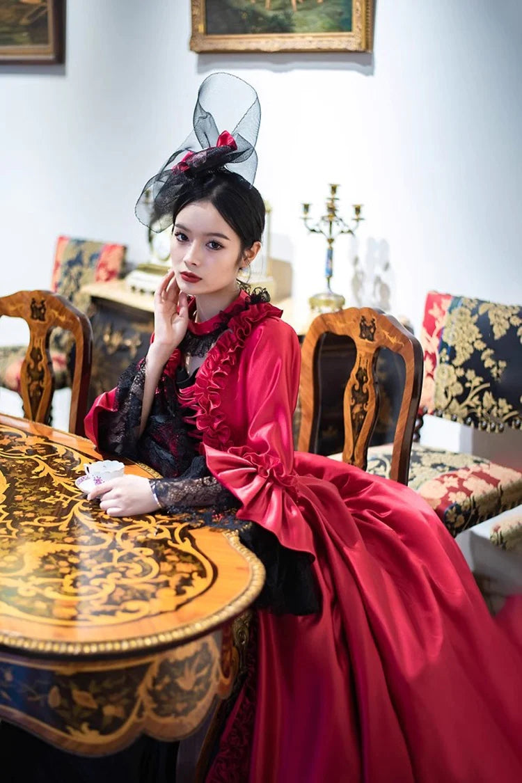 Wine Red Print Medieval Court Rococo Gothic Victorian Lolita Long Dress - Product - 3