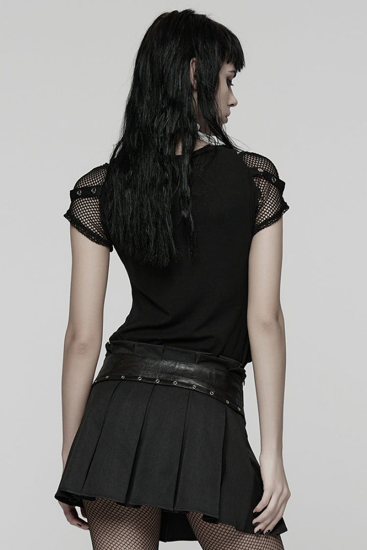 Black Short Sleeves Printed Spliced Mesh Strappy Eyelet Women's Punk T-Shirt - Product - 3
