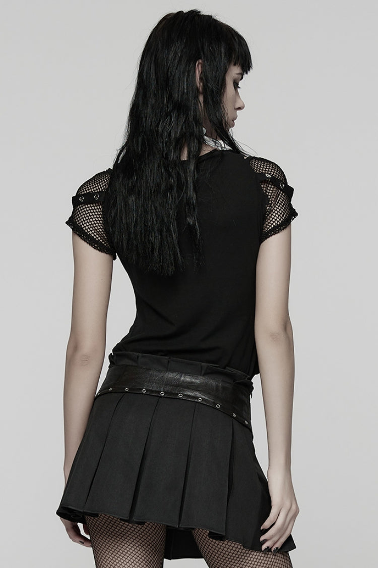 Black Short Sleeves Printed Spliced Mesh Strappy Eyelet Women's Punk T-Shirt - Product - 3