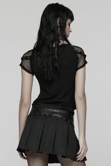 Black Short Sleeves Printed Spliced Mesh Strappy Eyelet Women's Punk T-Shirt - Product - 3