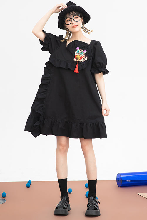 Black Ruffled Square Collar Cute Tiger Embroidered Bubble Short Sleeves High Waisted Sweet Lolita Dress - Product - 2