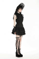 Black Lace Ruffled Stand Collar Bow Sleeveless Triple-Layered Hem Women's Gothic Dress - Product - 2
