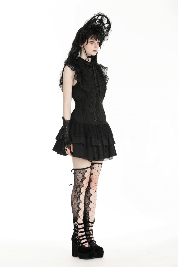 Black Lace Ruffled Stand Collar Bow Sleeveless Triple-Layered Hem Women's Gothic Dress - Product - 2