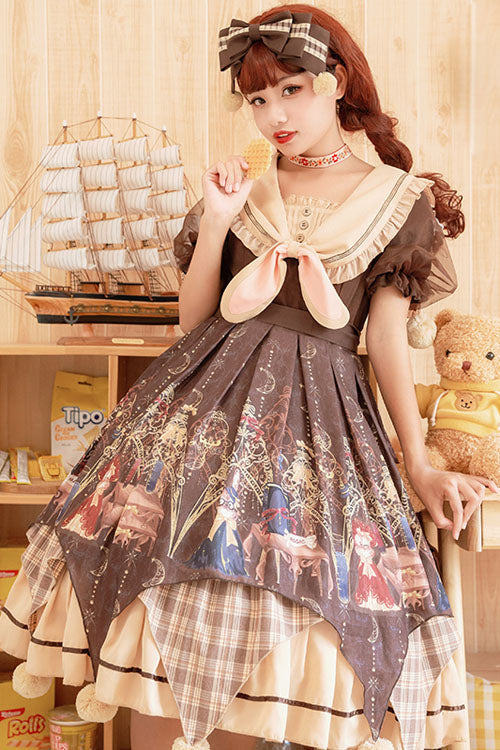 Brown Alchemist Cartoon Anime Print Doll Collar Bowknot Short Sleeves Multi-Layer Pompom Sweet Lolita OP Dress - Product - 2