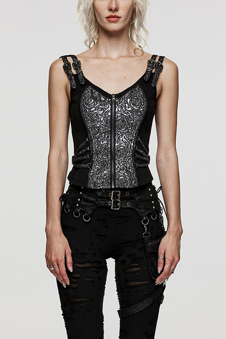 Steampunk Sleeveless Jacquard Print Metal Buckle Strap Metal Zipper Hollow Lace-Up Women's Vest 4 Colors - Black/Silver - 17