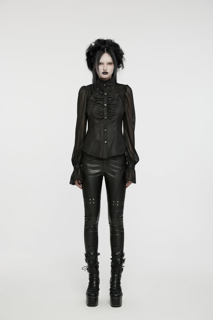 Black Stand Collar Stitching Mesh Women's Punk Blouse - Product - 7