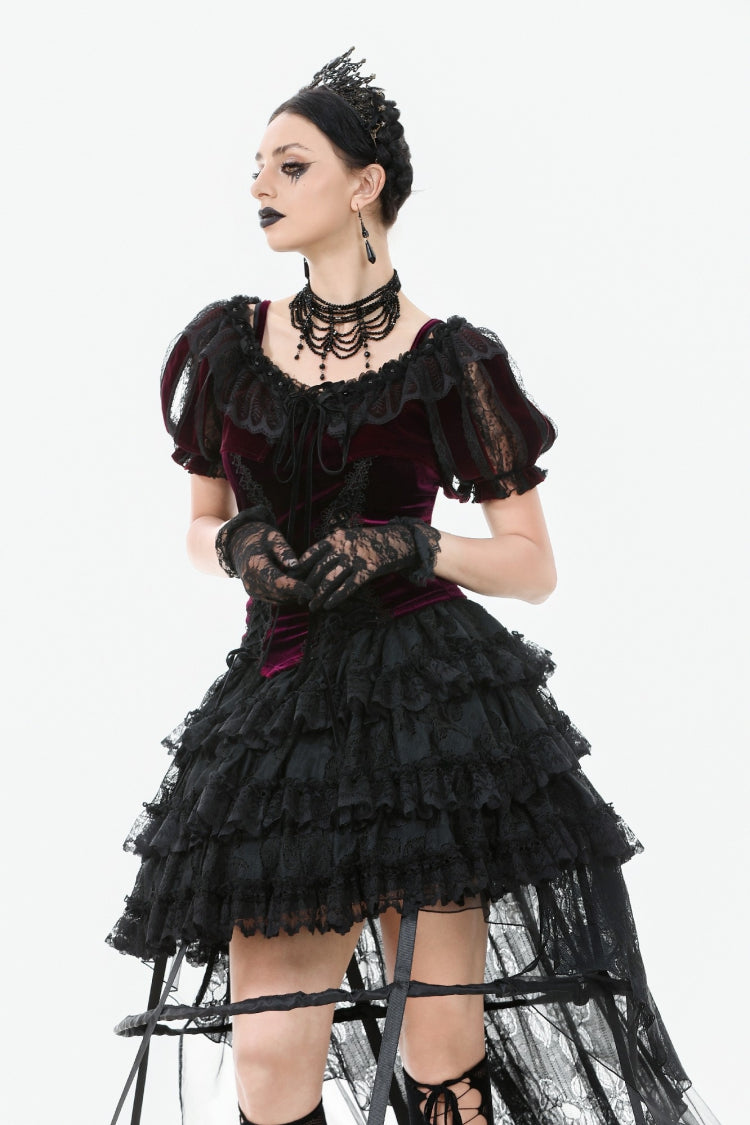 Black Ruffled Doll Collar Short Puff Sleeves Lace-Up Women's Gothic Princess Velvet Cape - Product - 5