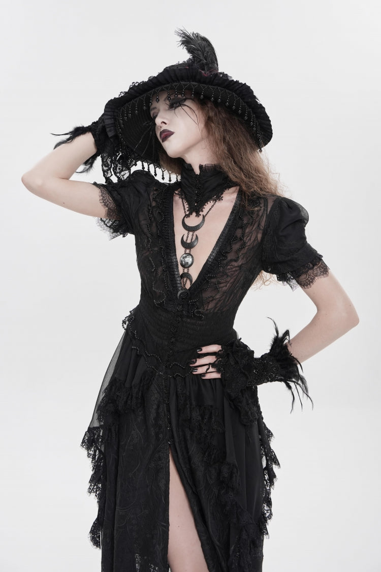 Black V Collar Short Sleeves Hanayome Lace Women's Gothic Wedding Dress - Product - 10