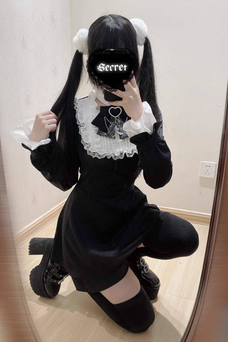 Stairway to Heaven Long Sleeves Embroidery Bowknot Lace Sweet Jirai Kei Set 3 Colors - Black/White - 1