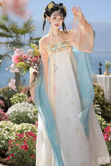 Orange/Apricot [Spring Fills the Garden] High Waisted Printed Embroidered Women's Sweet Chinese Style Hanfu Dress Set - Product - 2
