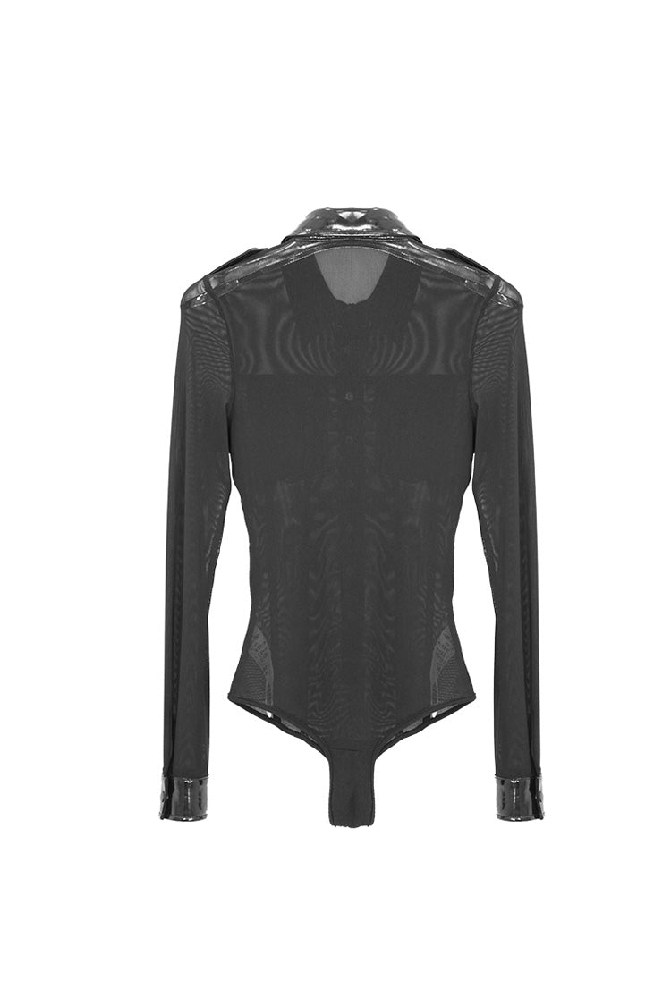 Black Patent Leather Mesh Spliced Long Sleeve Connecting Crotch Women's Punk T-Shirt - Product - 7