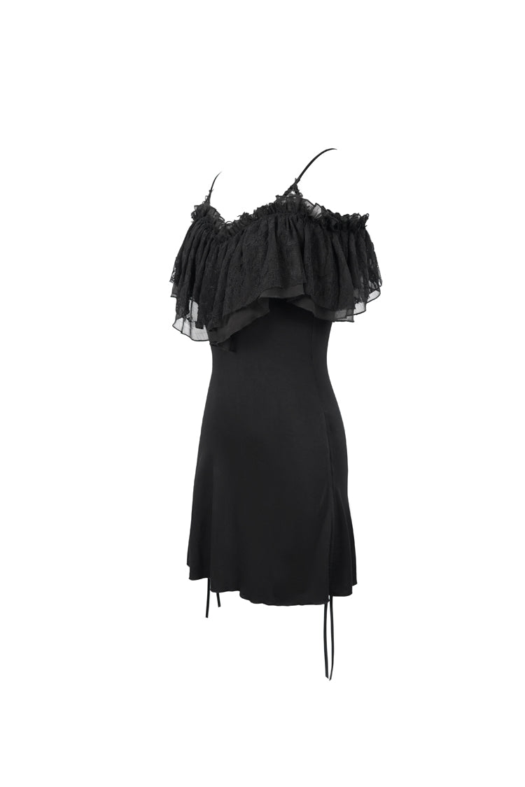Black Lace Up Off Shoulder Chest Frilly Side Women's Punk T-Shirt - Product - 8