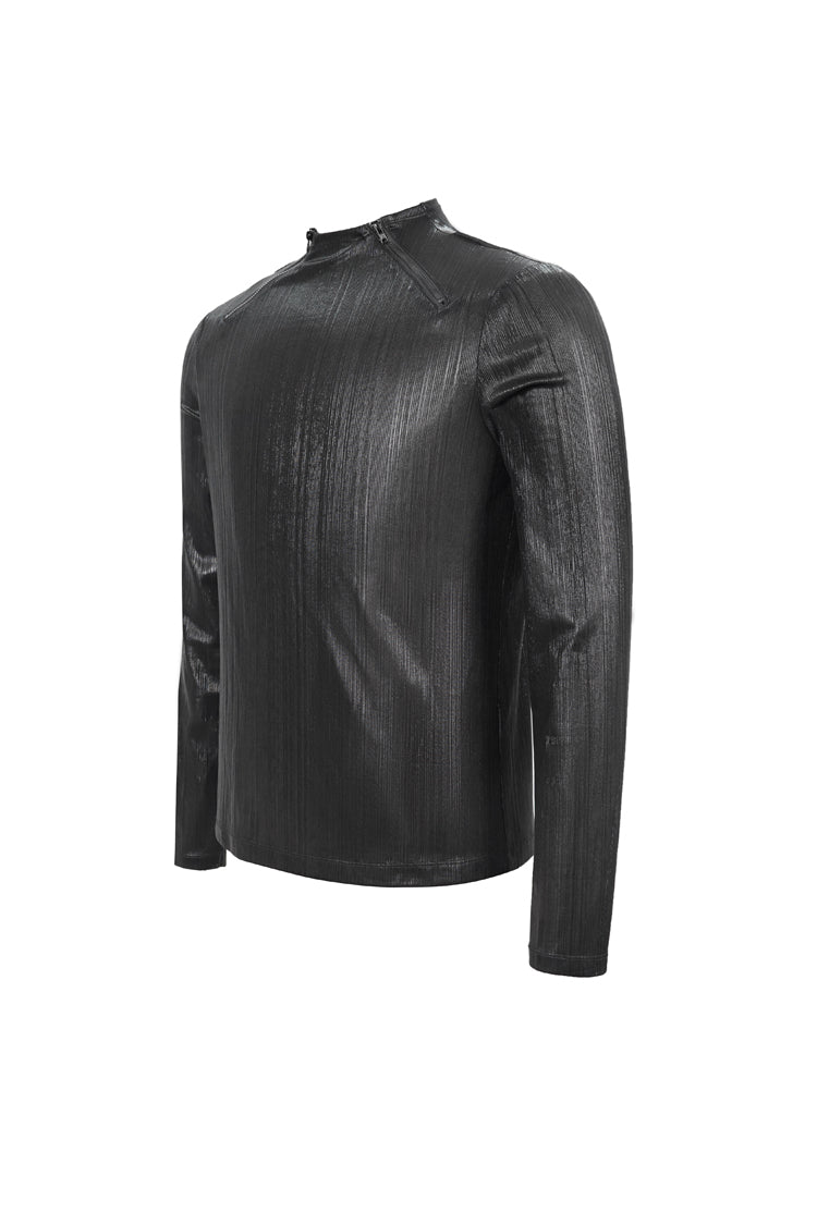 Black Zipper Neckline Long Sleeves Slim Mens Steampunk Top - Product - 6